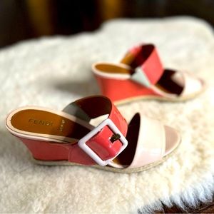 fendi sandals womens 38 8 Pink Peach Wedge Heel Buckle Authentic Designer